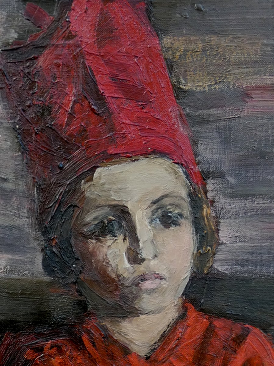 Georgette Devroye 1911-1999...large Canvas 1940-1950...the Little Sulky Girl In The Red Cap-photo-7