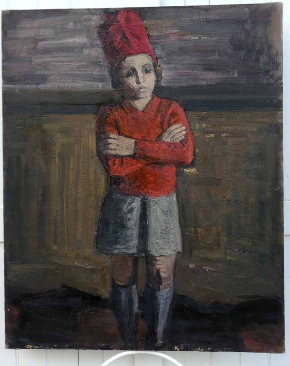 Georgette Devroye 1911-1999...large Canvas 1940-1950...the Little Sulky Girl In The Red Cap