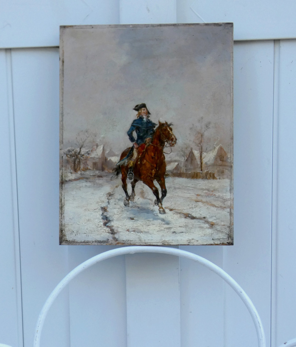 Louis émile Benassit 1833-1902... 19th C. Painting... Horseman In A Snowy Landscape-photo-2