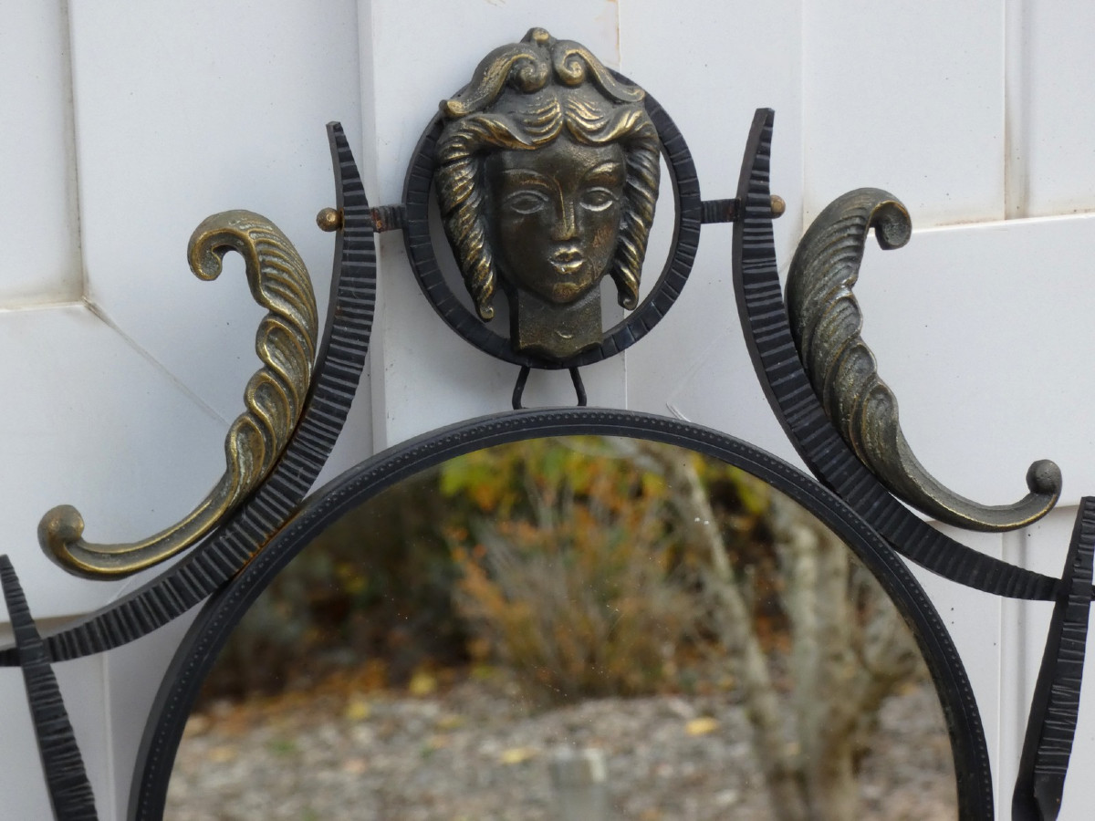 Art Deco Mirror 1930-1940 - Bronze & Wrought Iron With Foliage & Greeco-roman Goddess Head -photo-3