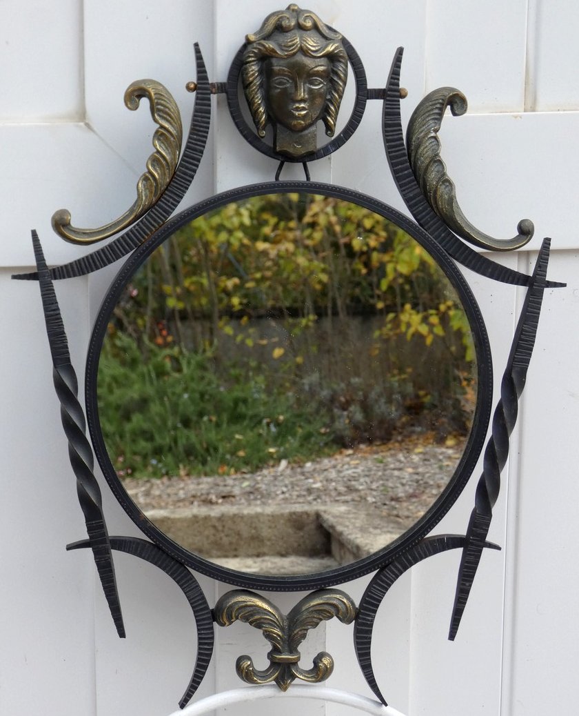 Art Deco Mirror 1930-1940 - Bronze & Wrought Iron With Foliage & Greeco-roman Goddess Head -photo-1