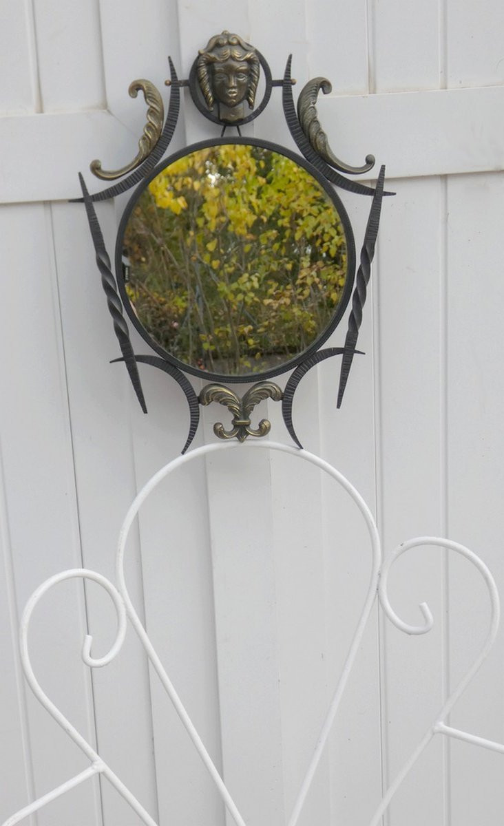 Art Deco Mirror 1930-1940 - Bronze & Wrought Iron With Foliage & Greeco-roman Goddess Head -photo-7