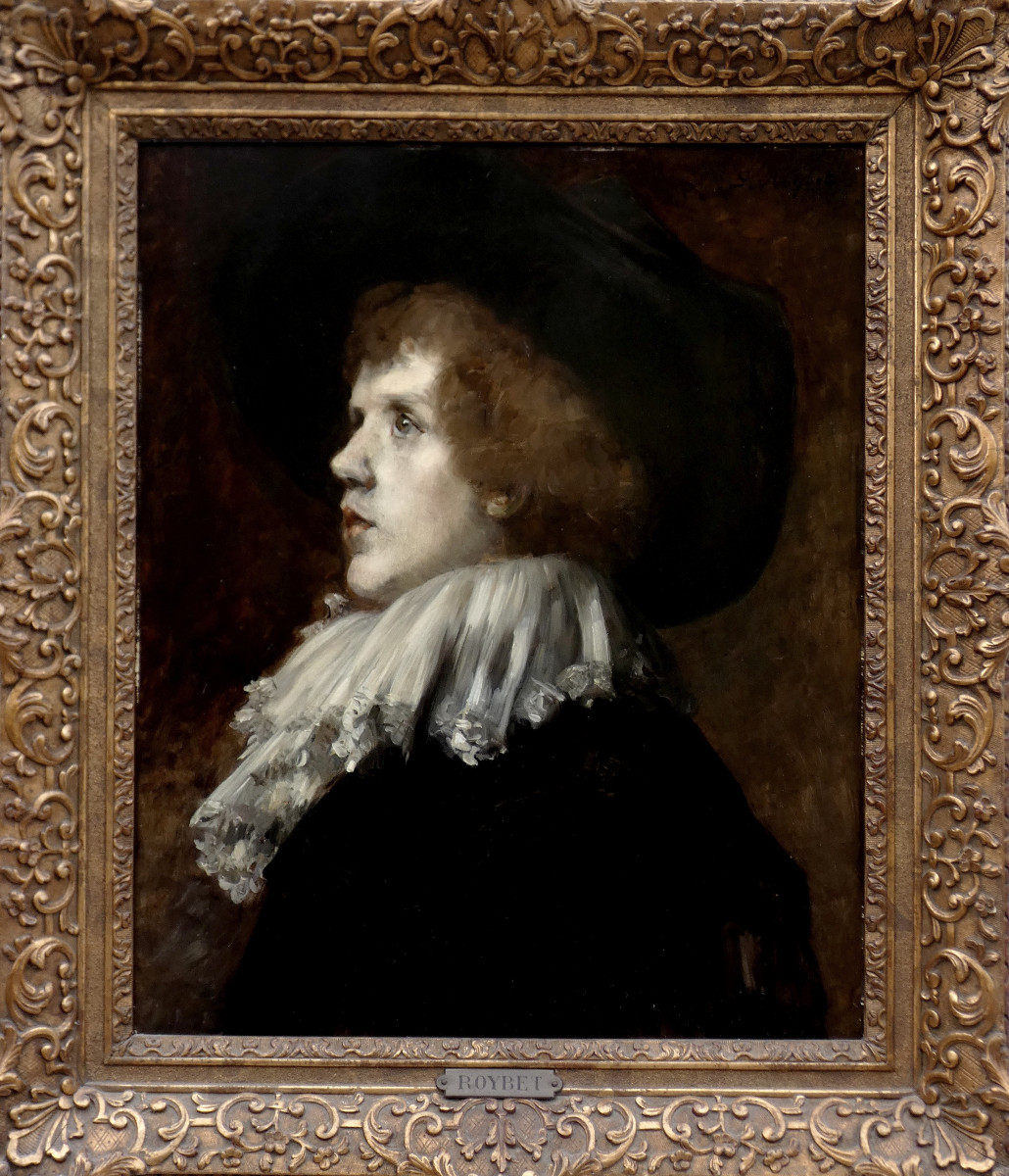 FERDINAND ROYBET 1840-1920 - GRAND PORTRAIT DE MOUSQUETAIRE OU GENTILHOMME AU COL BLANC-photo-3