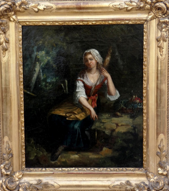 GRANDE TOILE XIXe - JEUNE FILEUSE EN FORÊT AVEC UN PANIER DE FLEURS -  XAVIER SIGALON ?