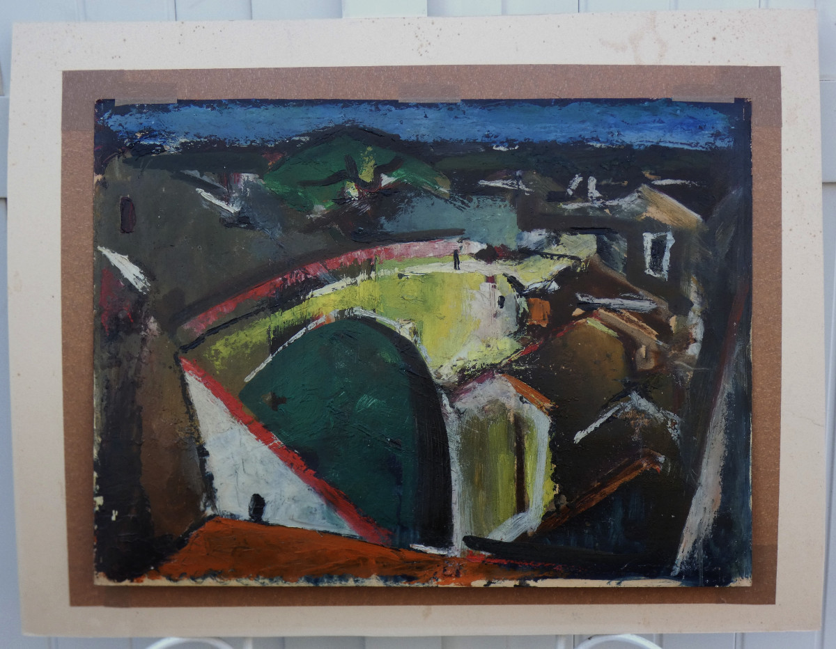Large Cubist Painting, 1930-1940 - Landscape Of A Village With A Yellow Bridge - Signature?-photo-2