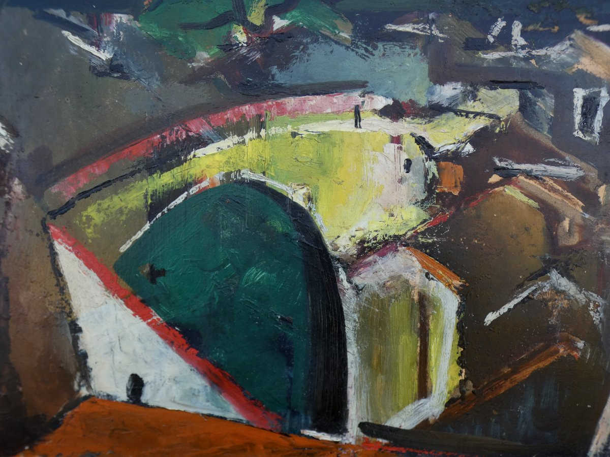 Large Cubist Painting, 1930-1940 - Landscape Of A Village With A Yellow Bridge - Signature?-photo-1