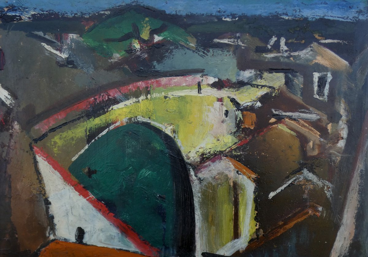 Large Cubist Painting, 1930-1940 - Landscape Of A Village With A Yellow Bridge - Signature?-photo-2