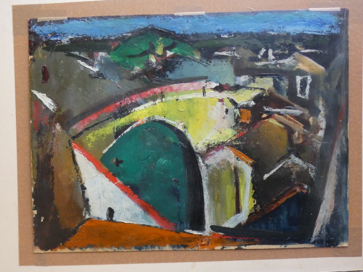 Large Cubist Painting, 1930-1940 - Landscape Of A Village With A Yellow Bridge - Signature?-photo-3