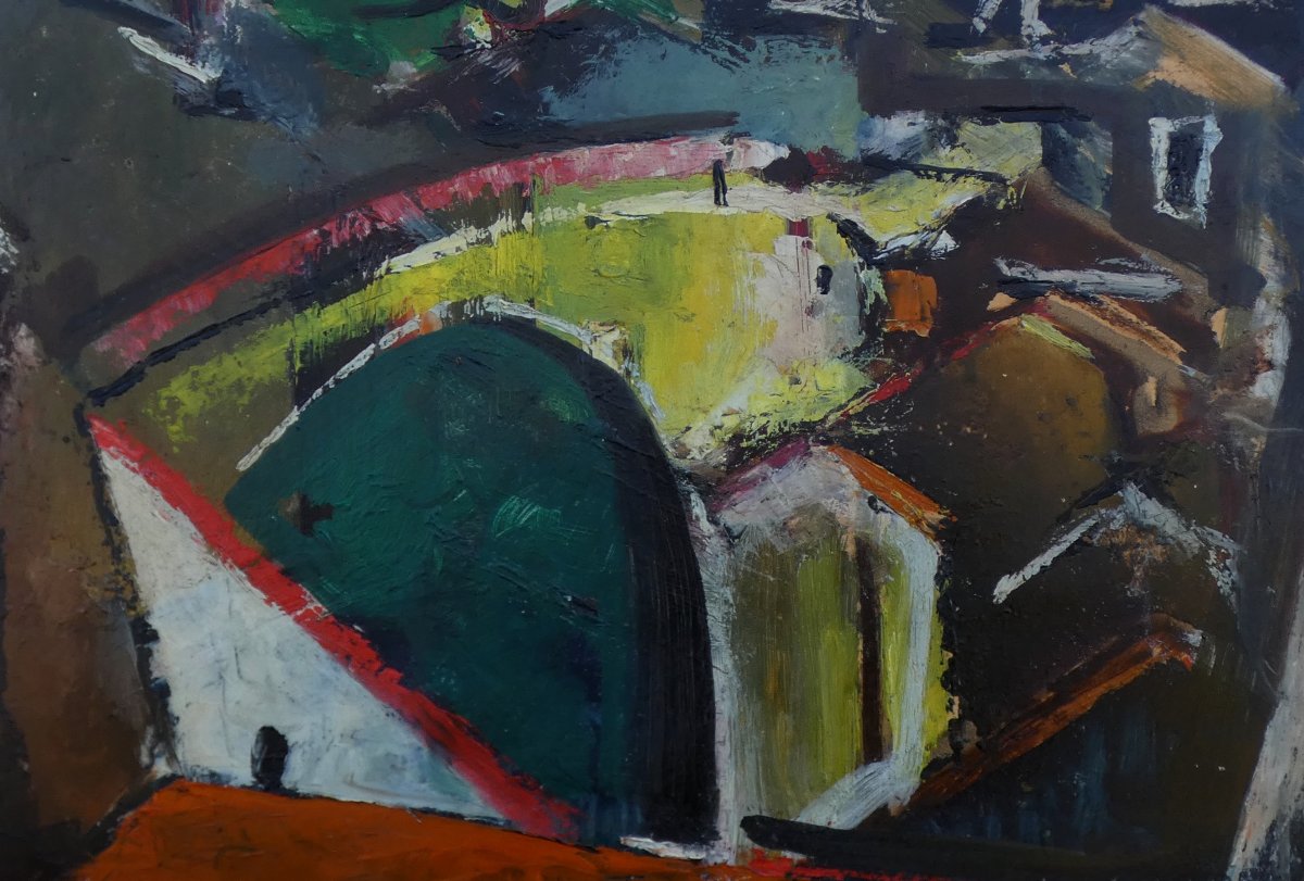 Large Cubist Painting, 1930-1940 - Landscape Of A Village With A Yellow Bridge - Signature?-photo-4