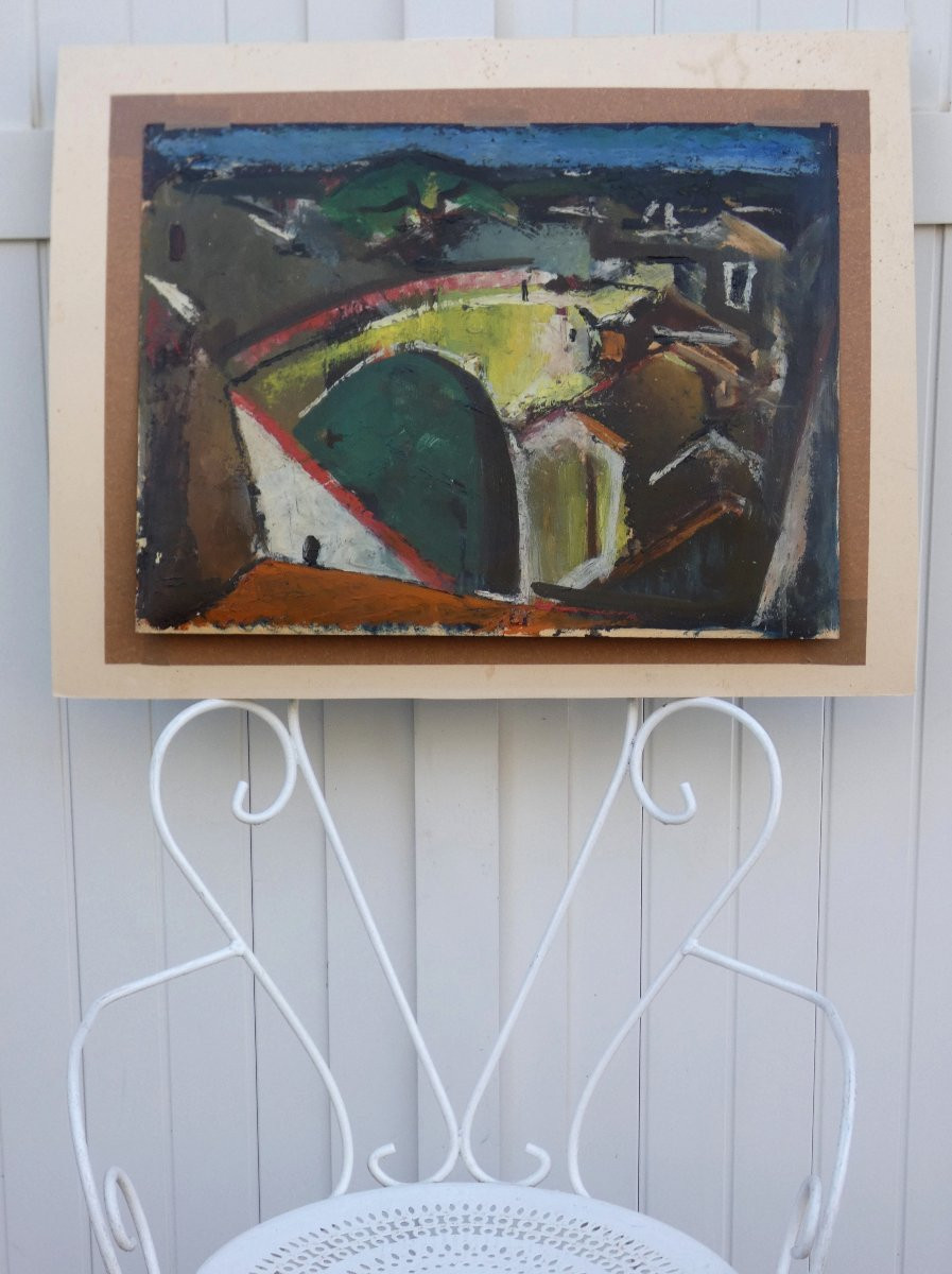 Large Cubist Painting, 1930-1940 - Landscape Of A Village With A Yellow Bridge - Signature?-photo-7