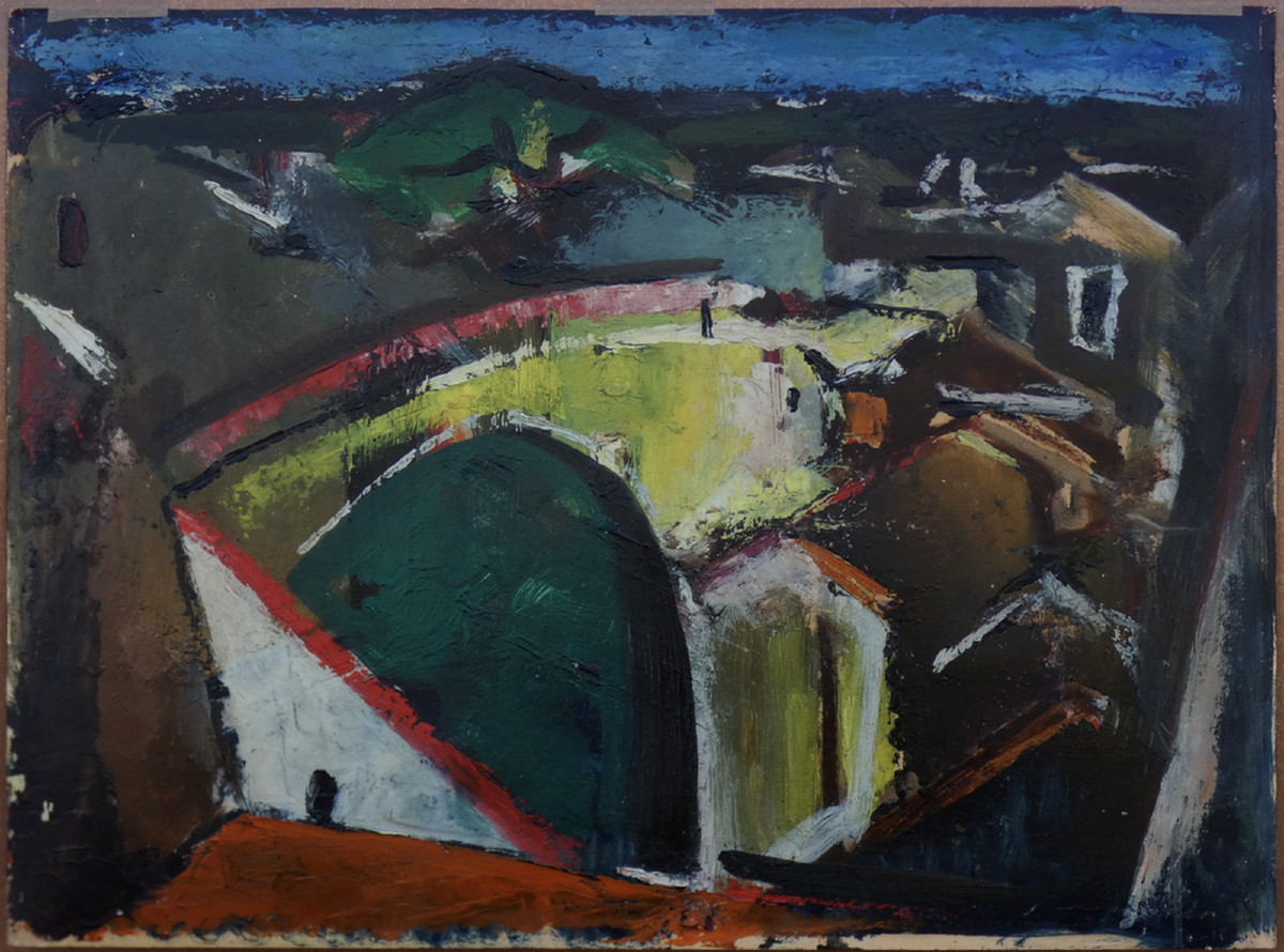 Large Cubist Painting, 1930-1940 - Landscape Of A Village With A Yellow Bridge - Signature?