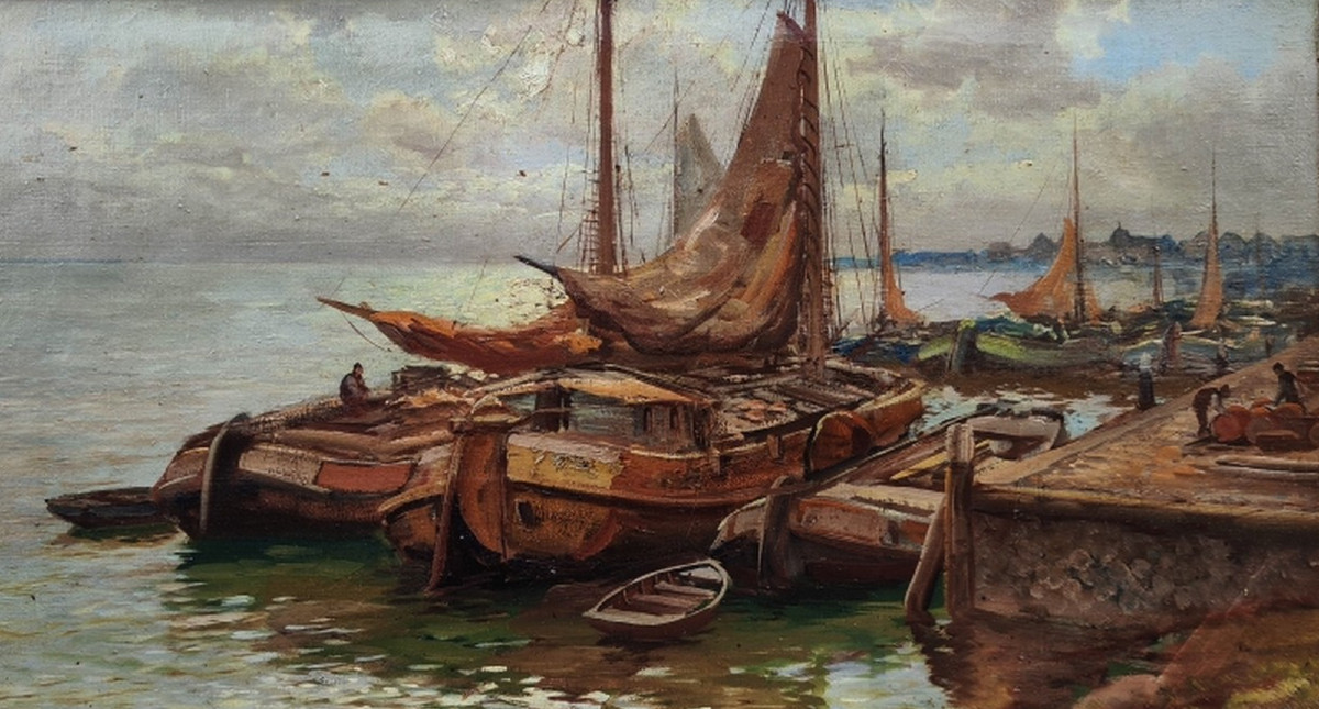 KEES TERLOUW 1890-1948 - GRANDE TOILE IMPRESSIONNISTE- SCÈNE PORTUAIRE ANIMÉE-photo-3