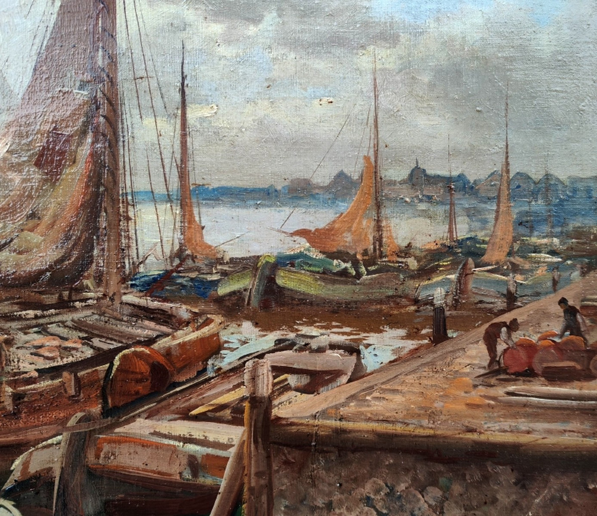 KEES TERLOUW 1890-1948 - GRANDE TOILE IMPRESSIONNISTE- SCÈNE PORTUAIRE ANIMÉE-photo-4