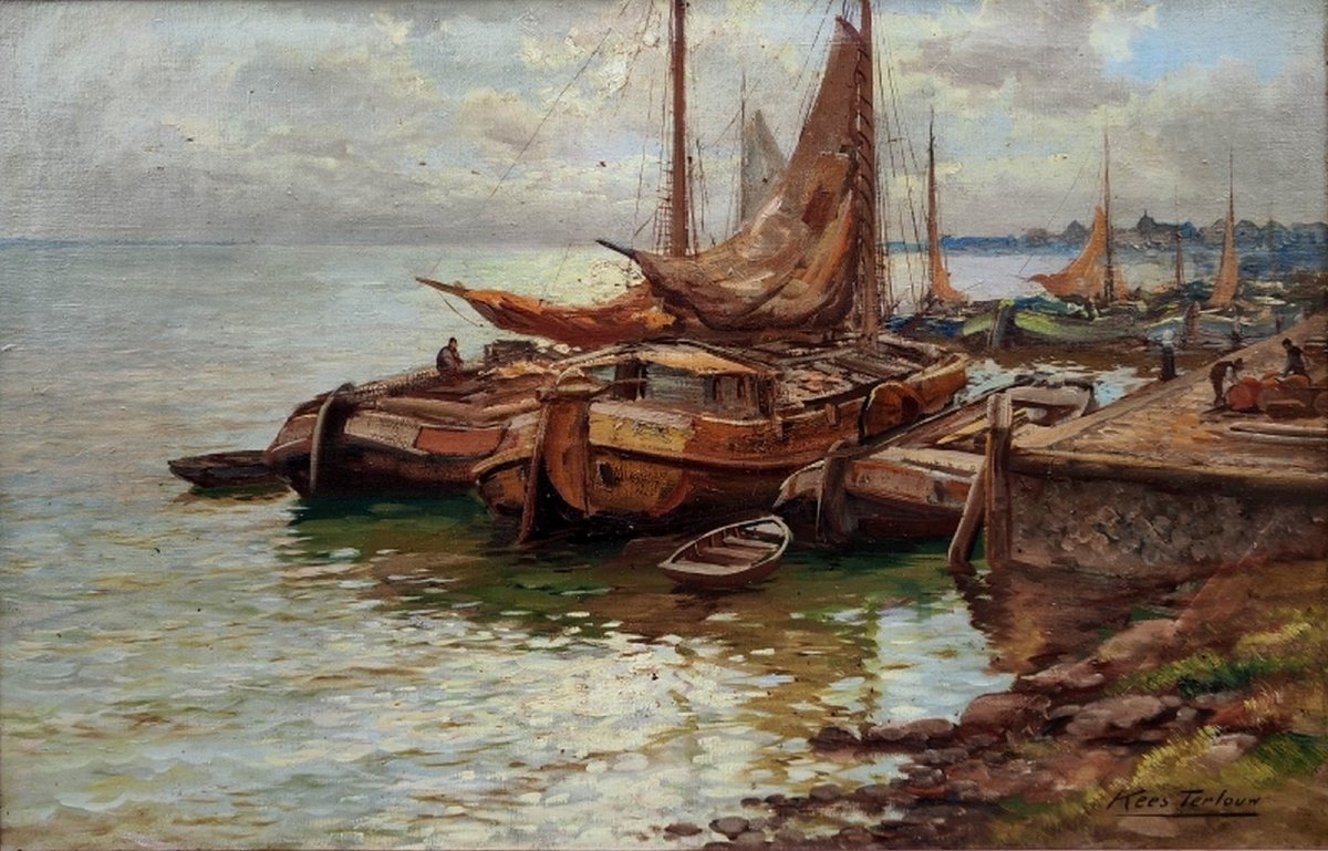 KEES TERLOUW 1890-1948 - GRANDE TOILE IMPRESSIONNISTE- SCÈNE PORTUAIRE ANIMÉE-photo-4
