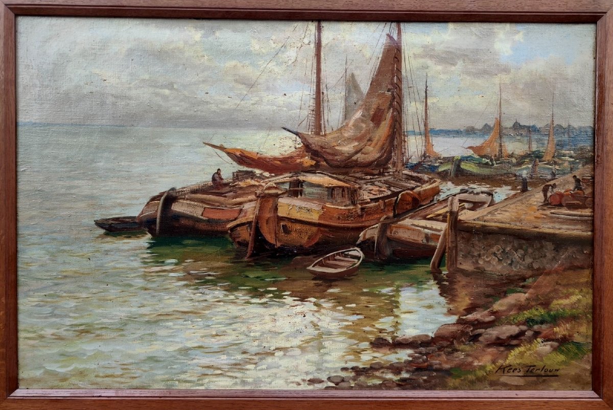 KEES TERLOUW 1890-1948 - GRANDE TOILE IMPRESSIONNISTE- SCÈNE PORTUAIRE ANIMÉE-photo-5