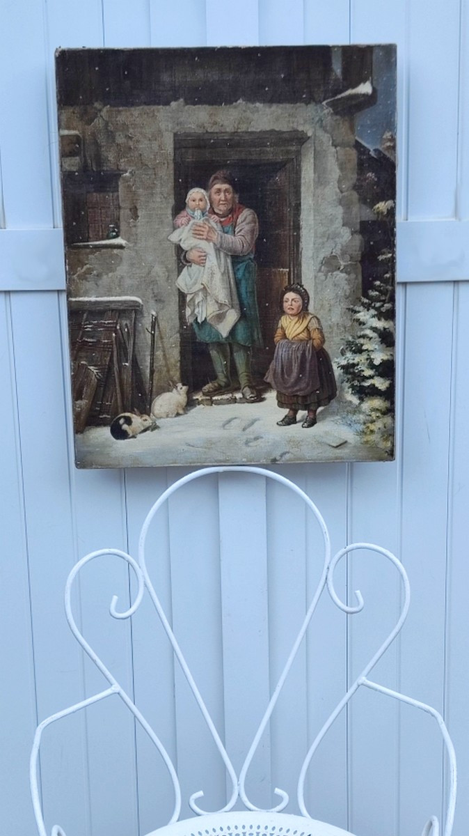 FRIEDRICH BISCHOFF 1819-1873 ? -  GRANDE TOILE DE L’ÉCOLE ALLEMANDE -  CHARMANTE SCÈNE DE NEIGE-photo-2