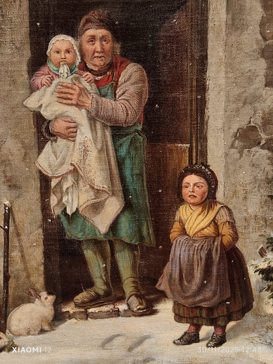 FRIEDRICH BISCHOFF 1819-1873 ? -  GRANDE TOILE DE L’ÉCOLE ALLEMANDE -  CHARMANTE SCÈNE DE NEIGE-photo-4