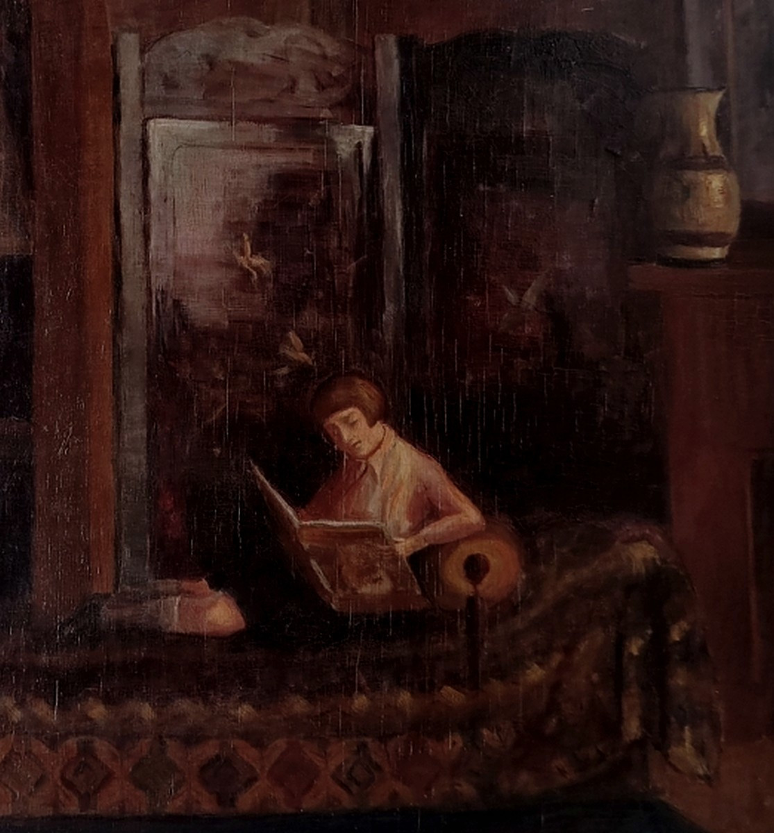 GRAND TABLEAU DE LA PÉRIODE ART-DÉCO 1930 - INTÉRIEUR BOURGEOIS AVEC JEUNE FILLE A SA LECTURE-photo-3