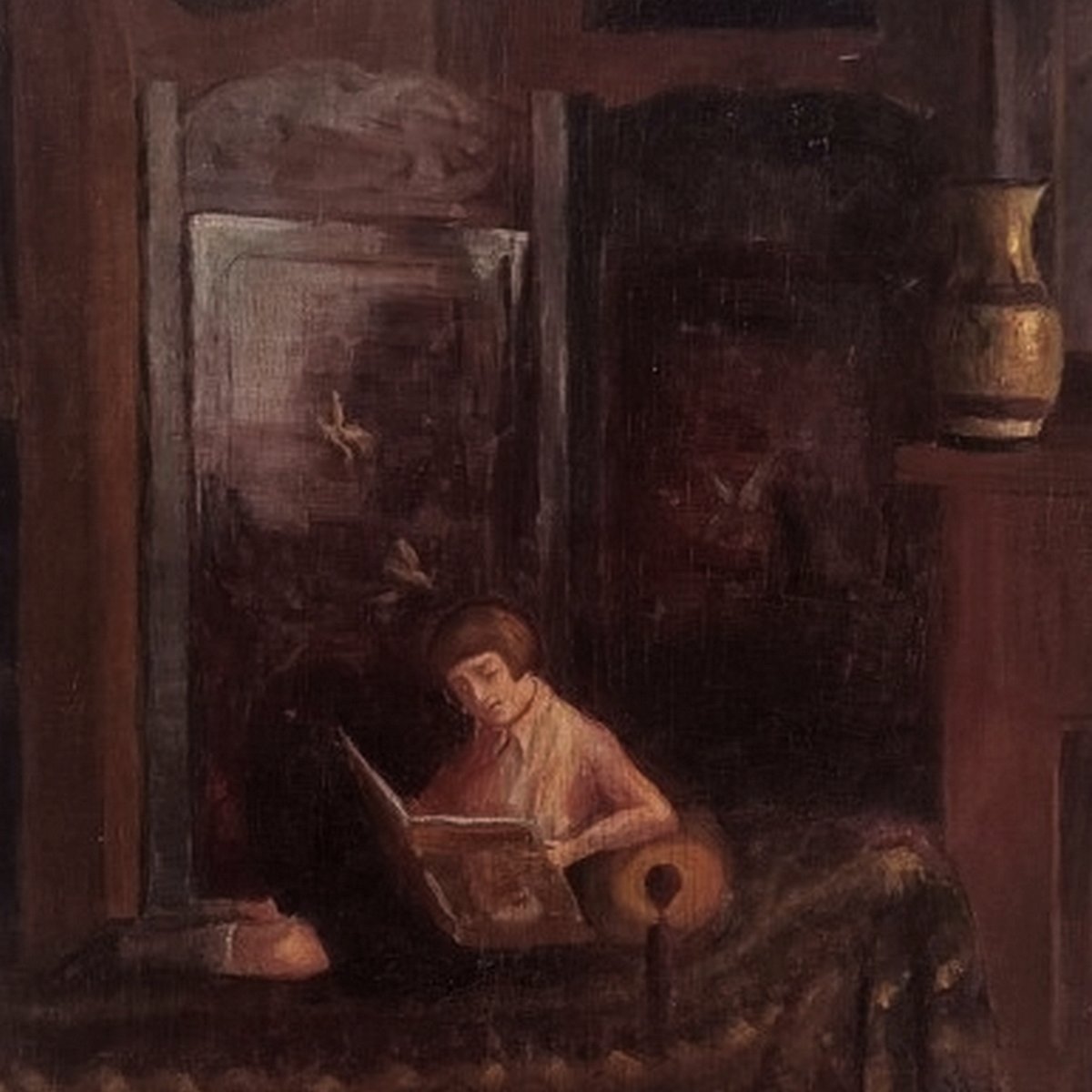 GRAND TABLEAU DE LA PÉRIODE ART-DÉCO 1930 - INTÉRIEUR BOURGEOIS AVEC JEUNE FILLE A SA LECTURE-photo-1