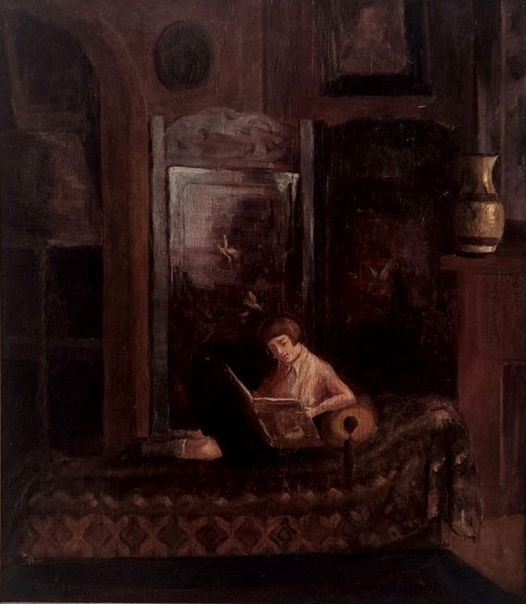 GRAND TABLEAU DE LA PÉRIODE ART-DÉCO 1930 - INTÉRIEUR BOURGEOIS AVEC JEUNE FILLE A SA LECTURE-photo-2