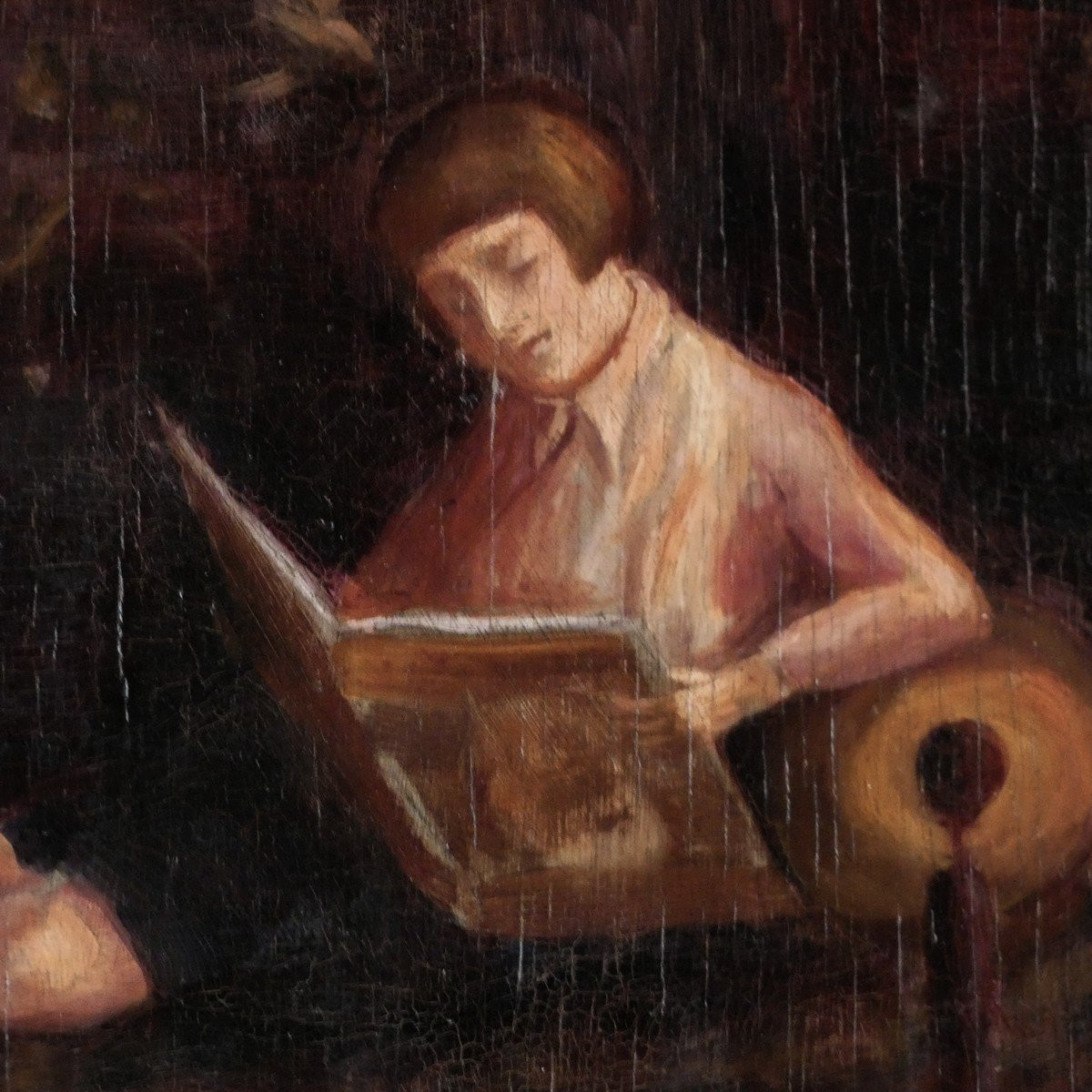 GRAND TABLEAU DE LA PÉRIODE ART-DÉCO 1930 - INTÉRIEUR BOURGEOIS AVEC JEUNE FILLE A SA LECTURE-photo-3