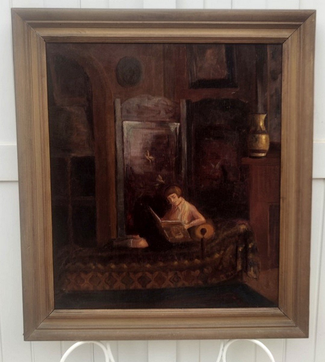 GRAND TABLEAU DE LA PÉRIODE ART-DÉCO 1930 - INTÉRIEUR BOURGEOIS AVEC JEUNE FILLE A SA LECTURE-photo-6