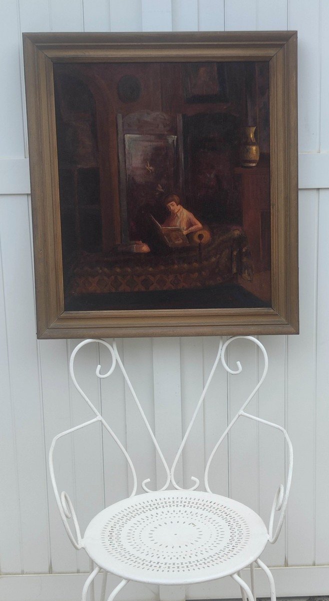 GRAND TABLEAU DE LA PÉRIODE ART-DÉCO 1930 - INTÉRIEUR BOURGEOIS AVEC JEUNE FILLE A SA LECTURE-photo-7