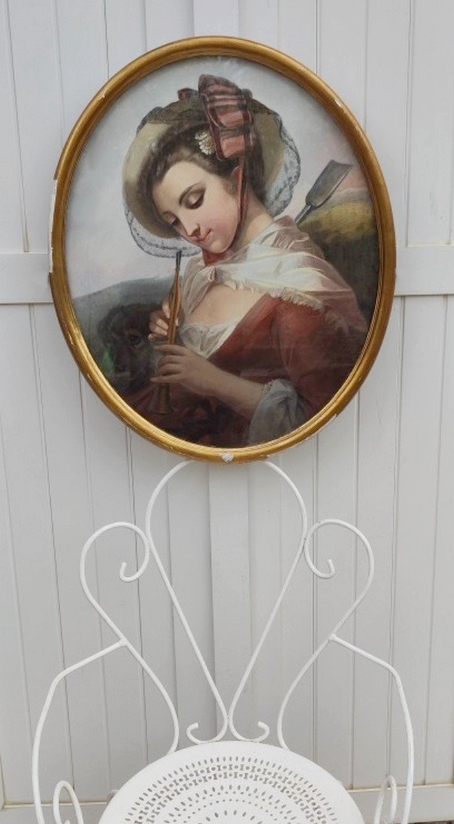 Large Pastel Mounted On Canvas, 19th Century - The Art Of Romanticism - Young Woman With A Clarinet - Signed?-photo-2