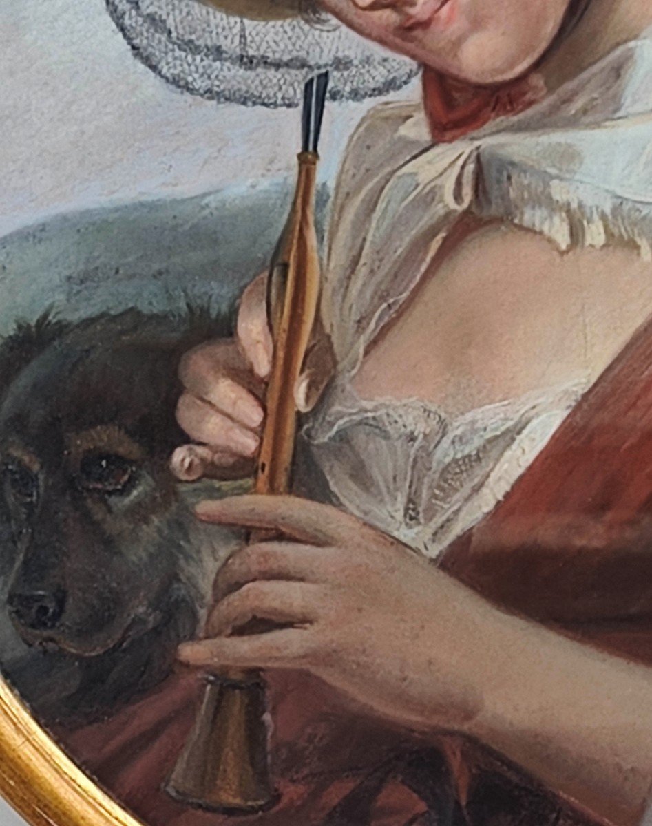 Large Pastel Mounted On Canvas, 19th Century - The Art Of Romanticism - Young Woman With A Clarinet - Signed?-photo-1