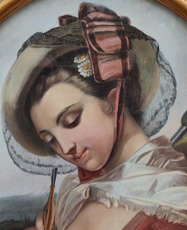 Large Pastel Mounted On Canvas, 19th Century - The Art Of Romanticism - Young Woman With A Clarinet - Signed?-photo-3