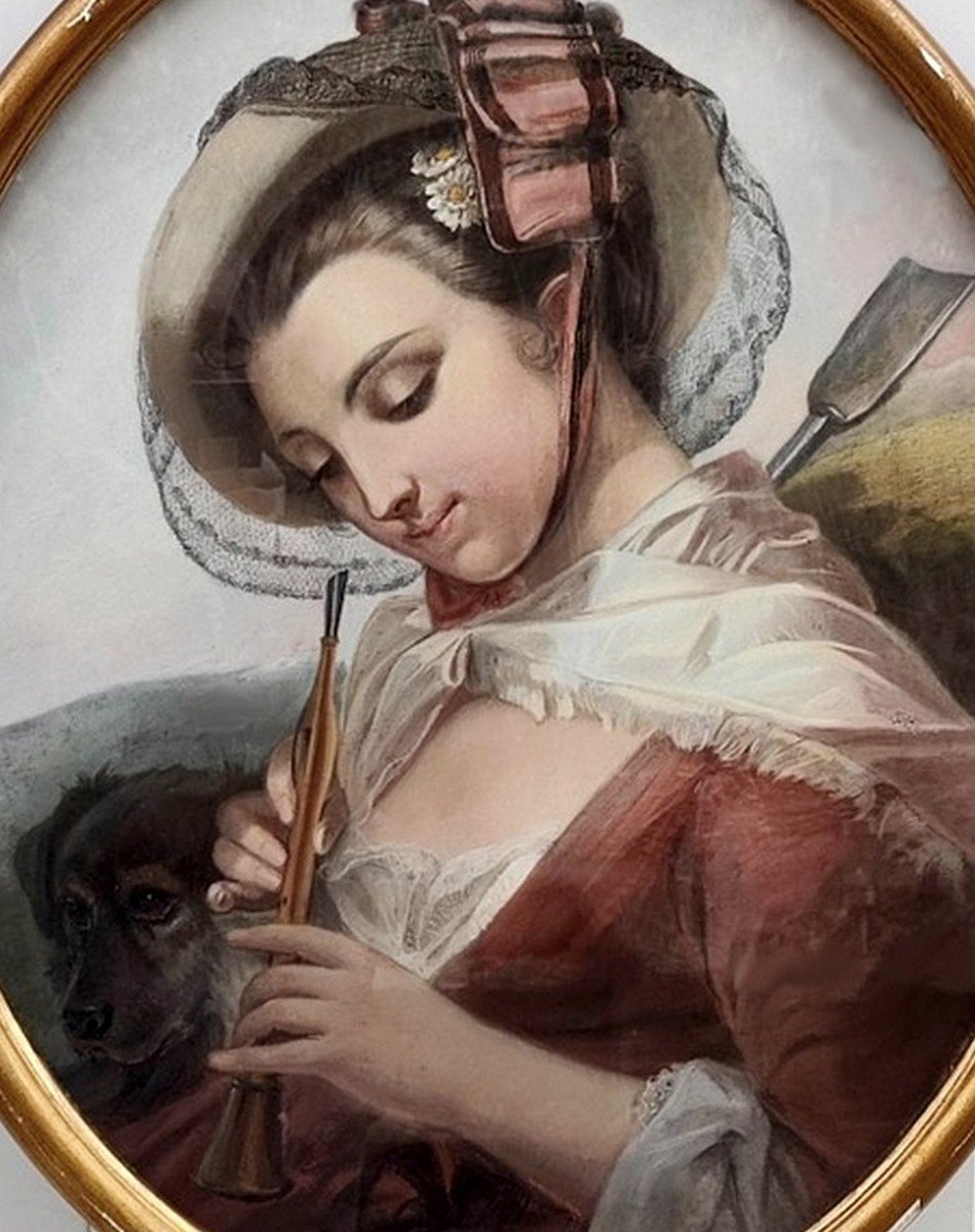 Large Pastel Mounted On Canvas, 19th Century - The Art Of Romanticism - Young Woman With A Clarinet - Signed?-photo-4