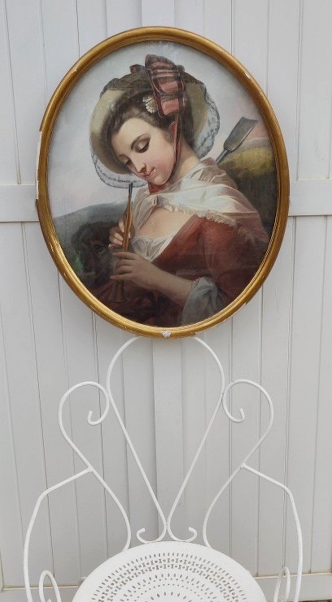 Large Pastel Mounted On Canvas, 19th Century - The Art Of Romanticism - Young Woman With A Clarinet - Signed?-photo-6