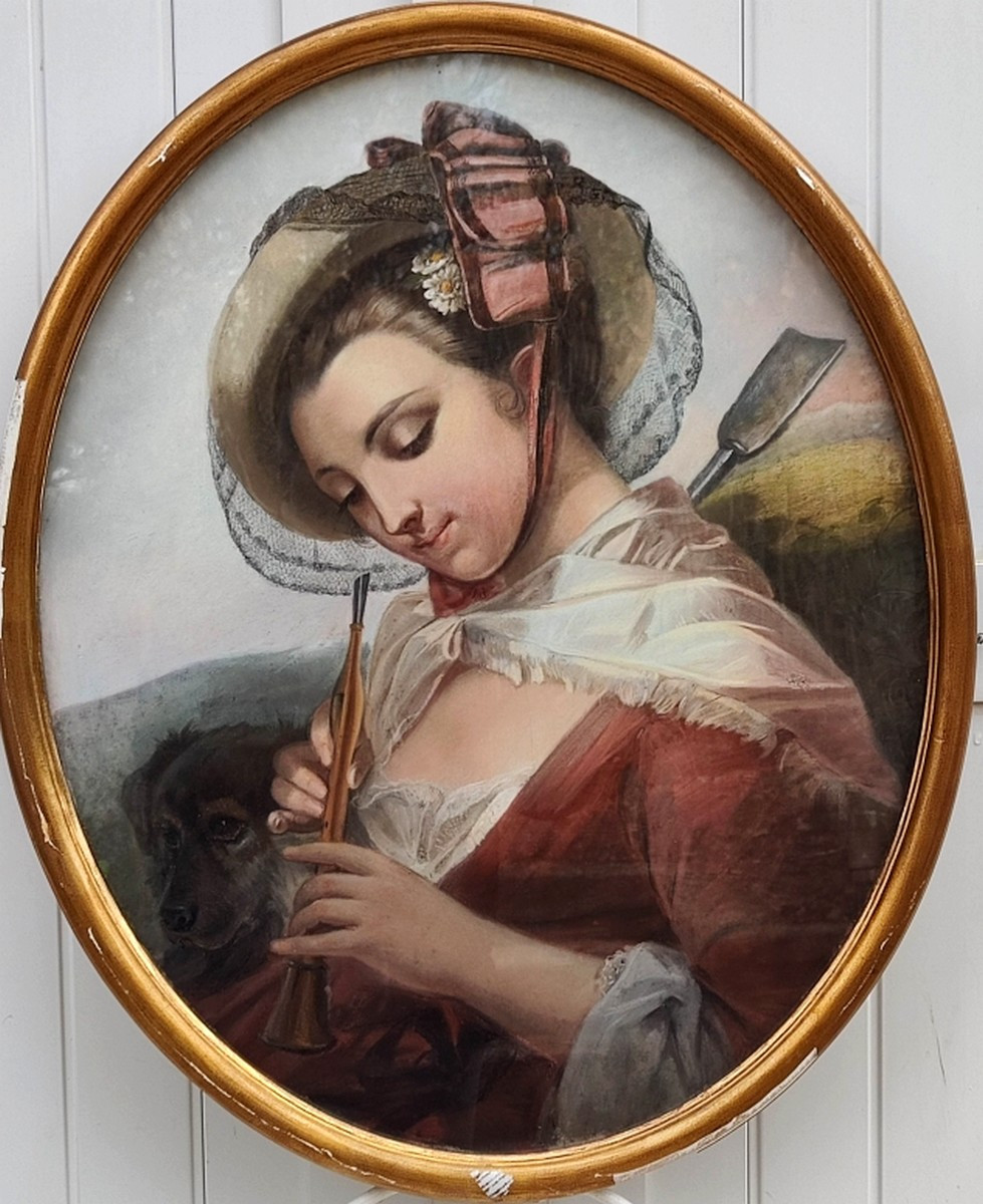 Large Pastel Mounted On Canvas, 19th Century - The Art Of Romanticism - Young Woman With A Clarinet - Signed?
