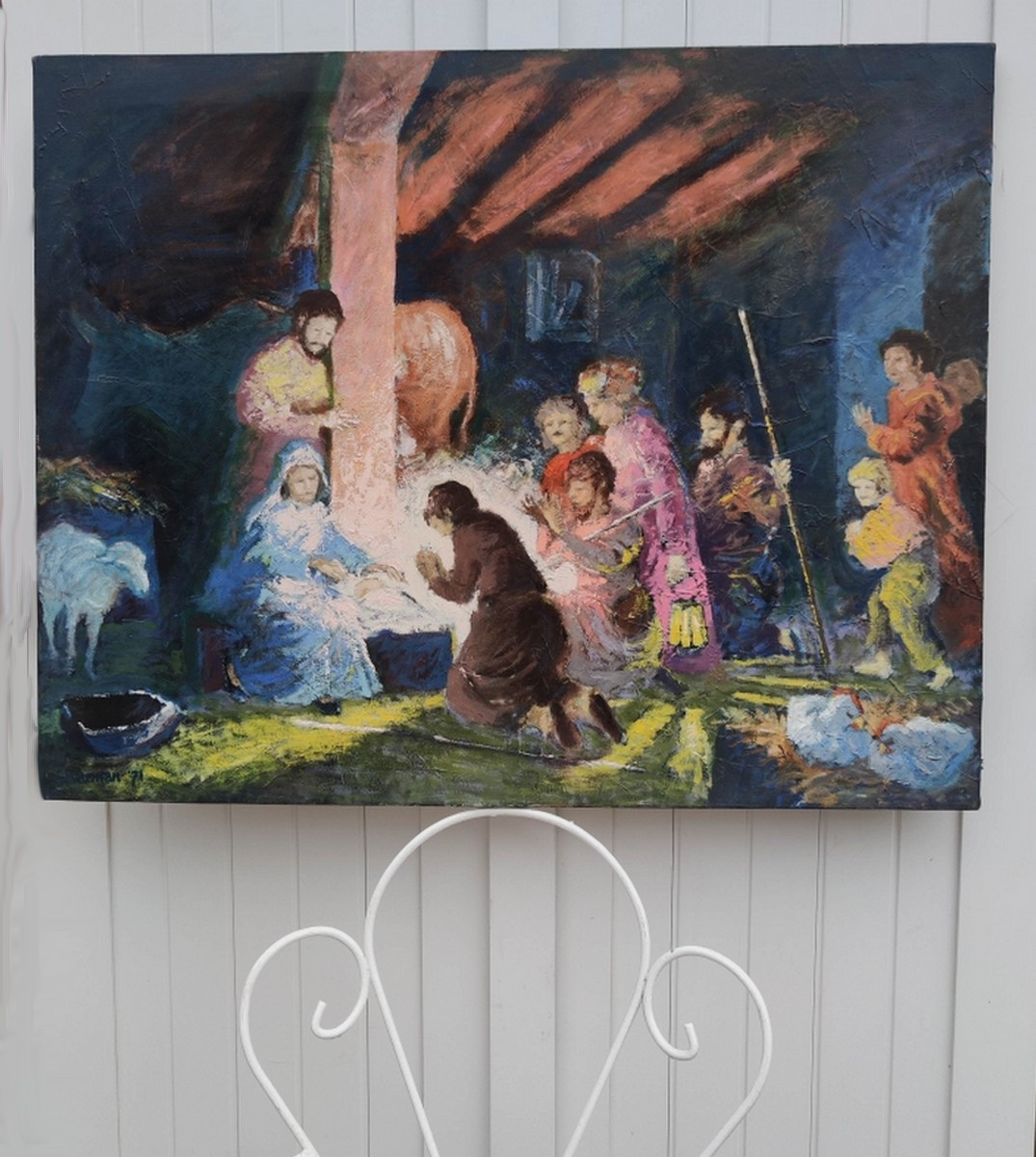 Roger Guy Charman 20th Century - Large Canvas - Biblical Scene Of The Nativity & The Adoration Of The Shepherds-photo-2