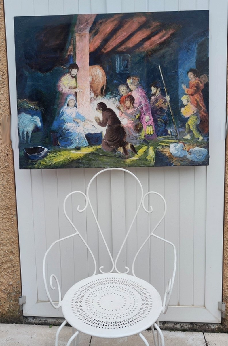 Roger Guy Charman 20th Century - Large Canvas - Biblical Scene Of The Nativity & The Adoration Of The Shepherds-photo-3