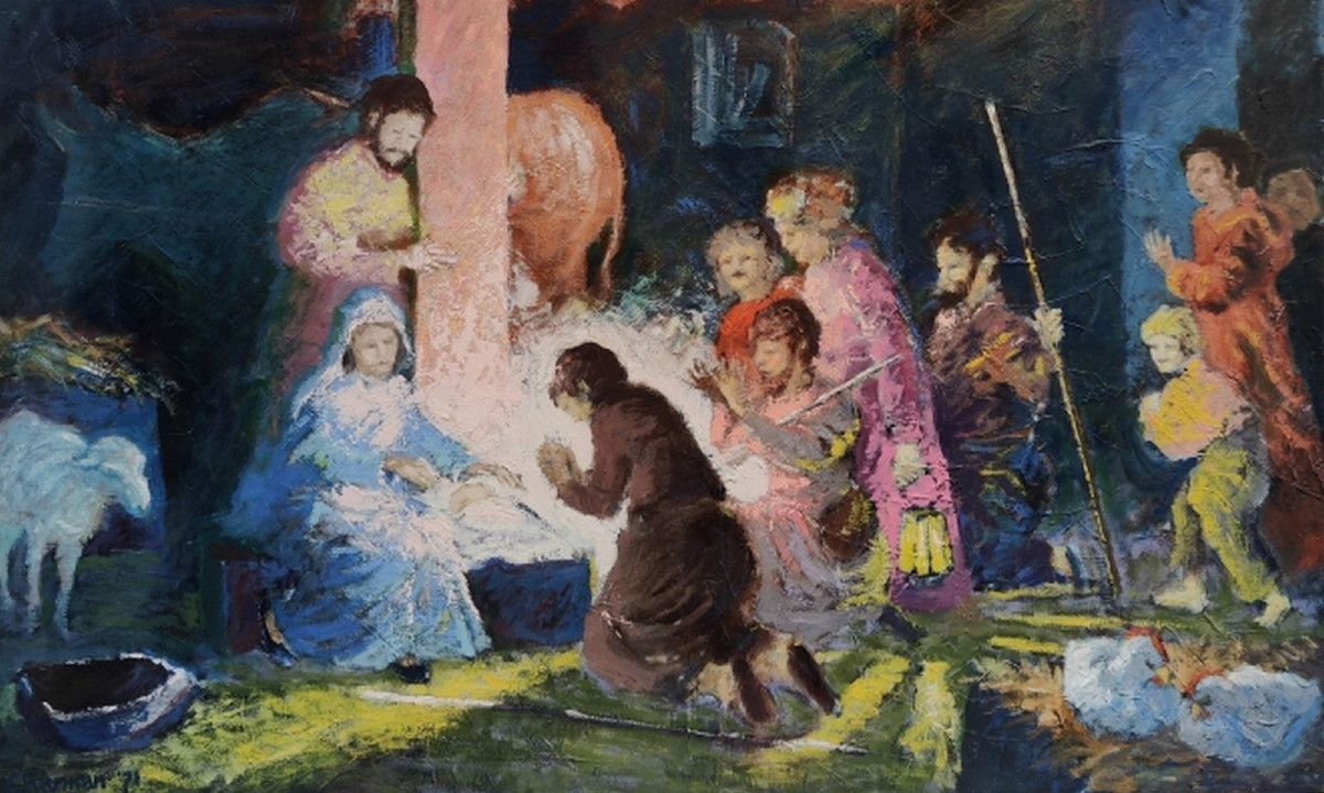 Roger Guy Charman 20th Century - Large Canvas - Biblical Scene Of The Nativity & The Adoration Of The Shepherds-photo-4