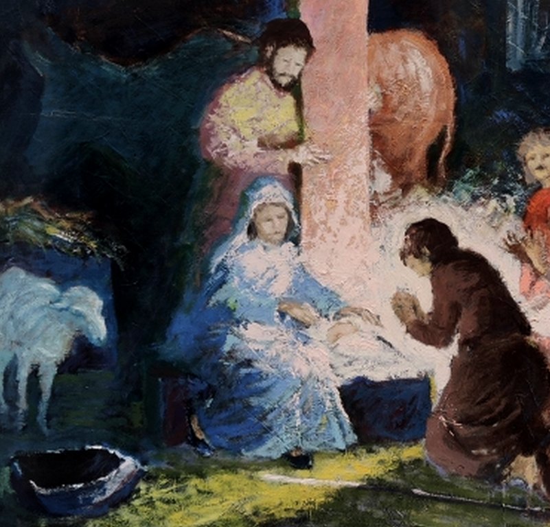 Roger Guy Charman 20th Century - Large Canvas - Biblical Scene Of The Nativity & The Adoration Of The Shepherds-photo-4