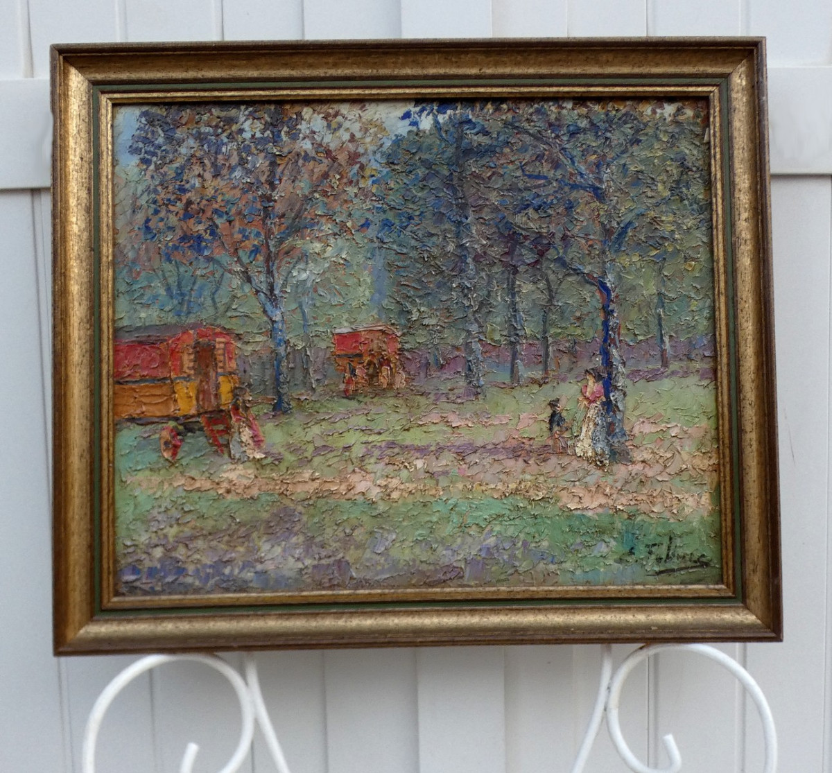 ÉDOUARD FEBVRE 1885-1967 - GRANDE TOILE POSTIMPRESSIONNISTE - LES ROULOTTES AU PRINTEMPS  -photo-4