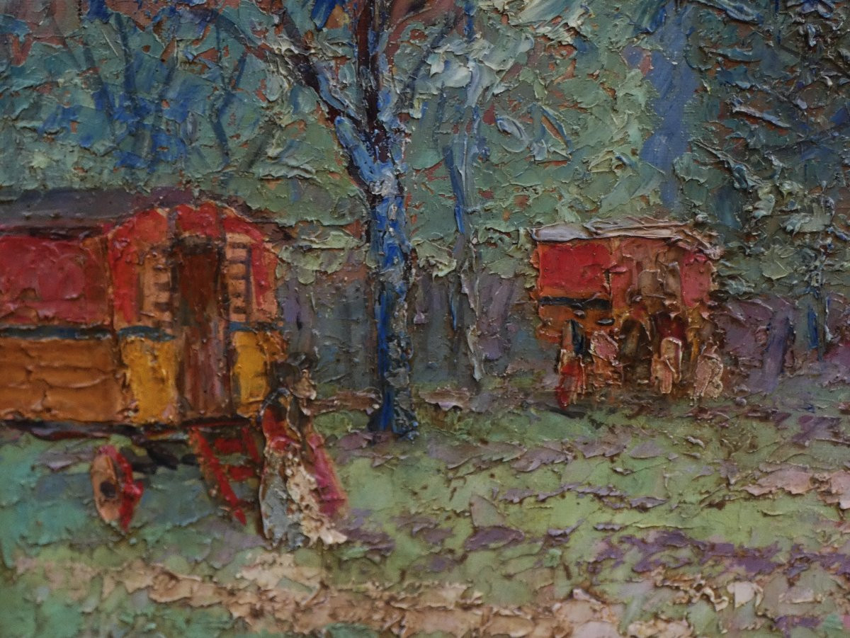 ÉDOUARD FEBVRE 1885-1967 - GRANDE TOILE POSTIMPRESSIONNISTE - LES ROULOTTES AU PRINTEMPS  -photo-3