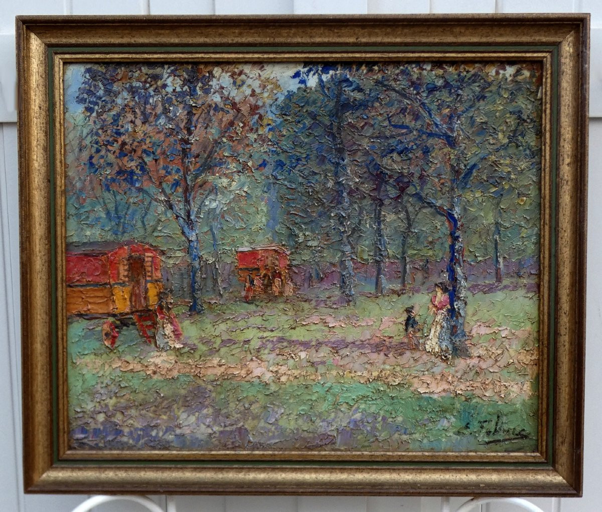 ÉDOUARD FEBVRE 1885-1967 - GRANDE TOILE POSTIMPRESSIONNISTE - LES ROULOTTES AU PRINTEMPS  -photo-5