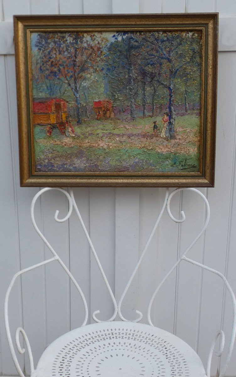 ÉDOUARD FEBVRE 1885-1967 - GRANDE TOILE POSTIMPRESSIONNISTE - LES ROULOTTES AU PRINTEMPS  -photo-6