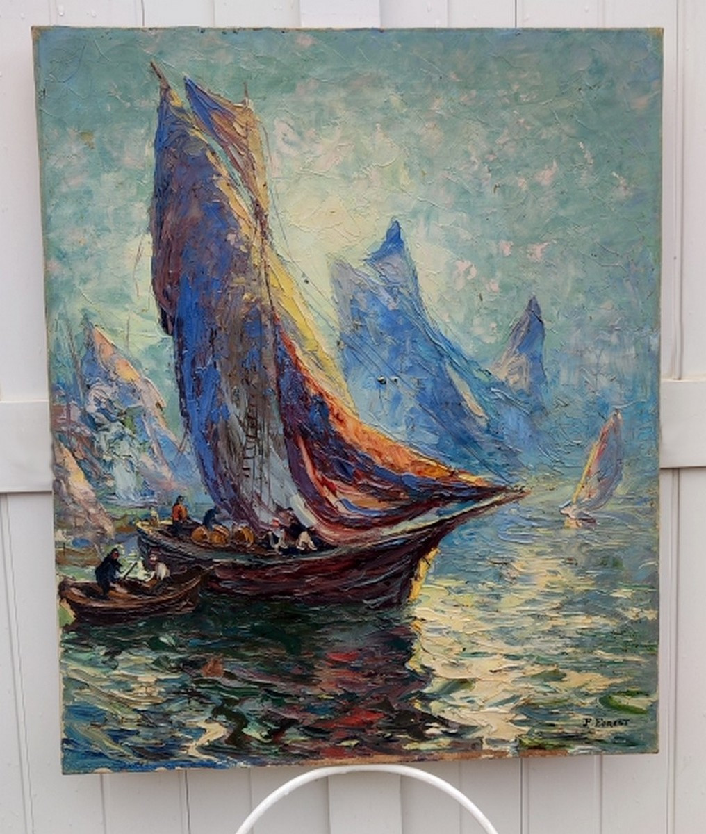 PIERRE FOREST 1881-1971 - GRAND IMPRESSIONNISTE  - VOILIERS EN MÉDITERRANÉE AU SOLEIL COUCHANT-photo-3