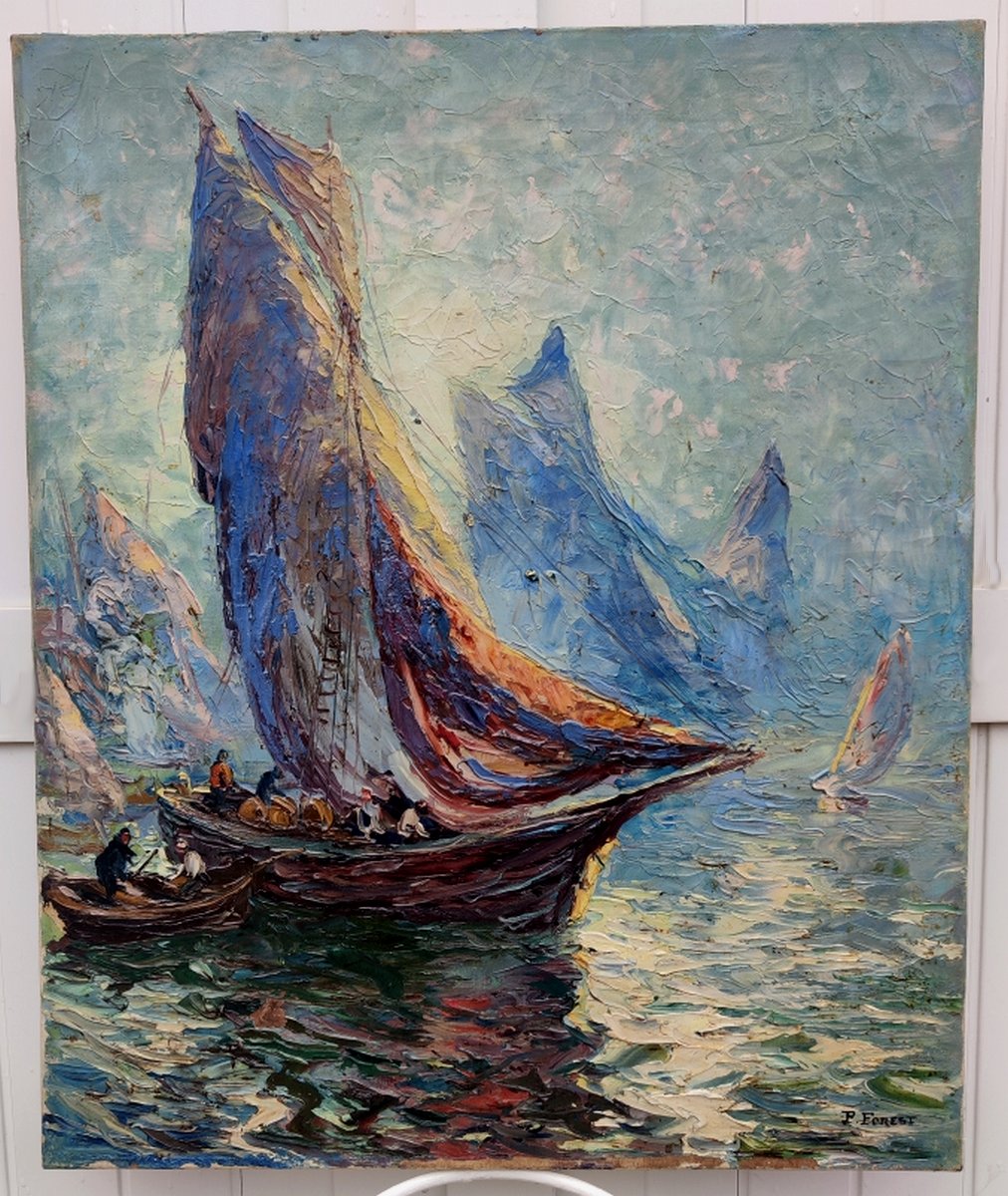 PIERRE FOREST 1881-1971 - GRAND IMPRESSIONNISTE  - VOILIERS EN MÉDITERRANÉE AU SOLEIL COUCHANT-photo-1