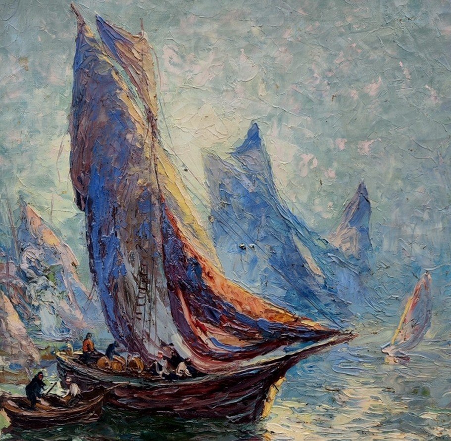PIERRE FOREST 1881-1971 - GRAND IMPRESSIONNISTE  - VOILIERS EN MÉDITERRANÉE AU SOLEIL COUCHANT-photo-3
