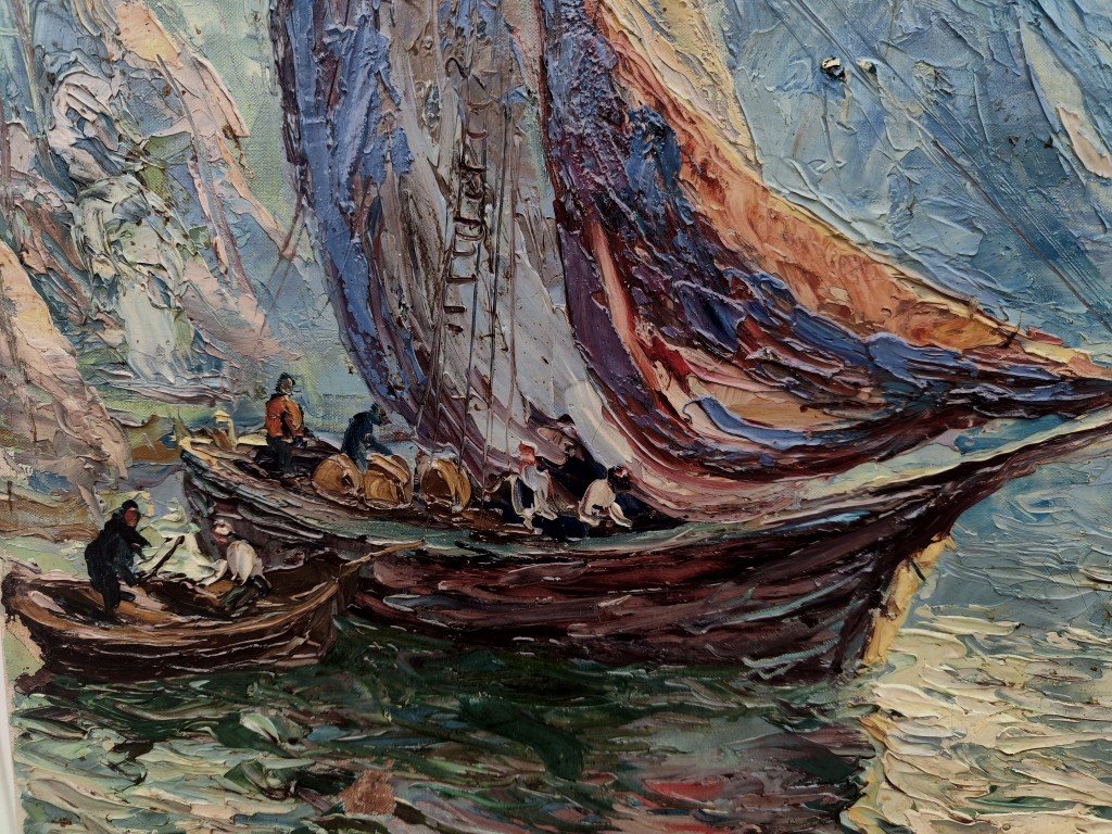 PIERRE FOREST 1881-1971 - GRAND IMPRESSIONNISTE  - VOILIERS EN MÉDITERRANÉE AU SOLEIL COUCHANT-photo-4