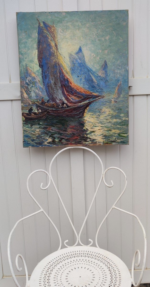 PIERRE FOREST 1881-1971 - GRAND IMPRESSIONNISTE  - VOILIERS EN MÉDITERRANÉE AU SOLEIL COUCHANT-photo-7
