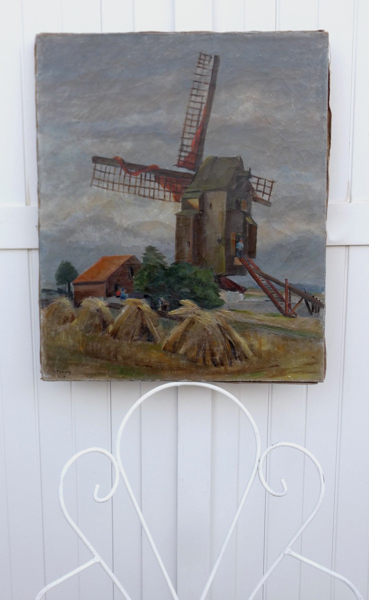 Céline Tabary 1908-1993 - Large Canvas - Lively Landscape In The Pas-de-calais With Windmill-photo-2