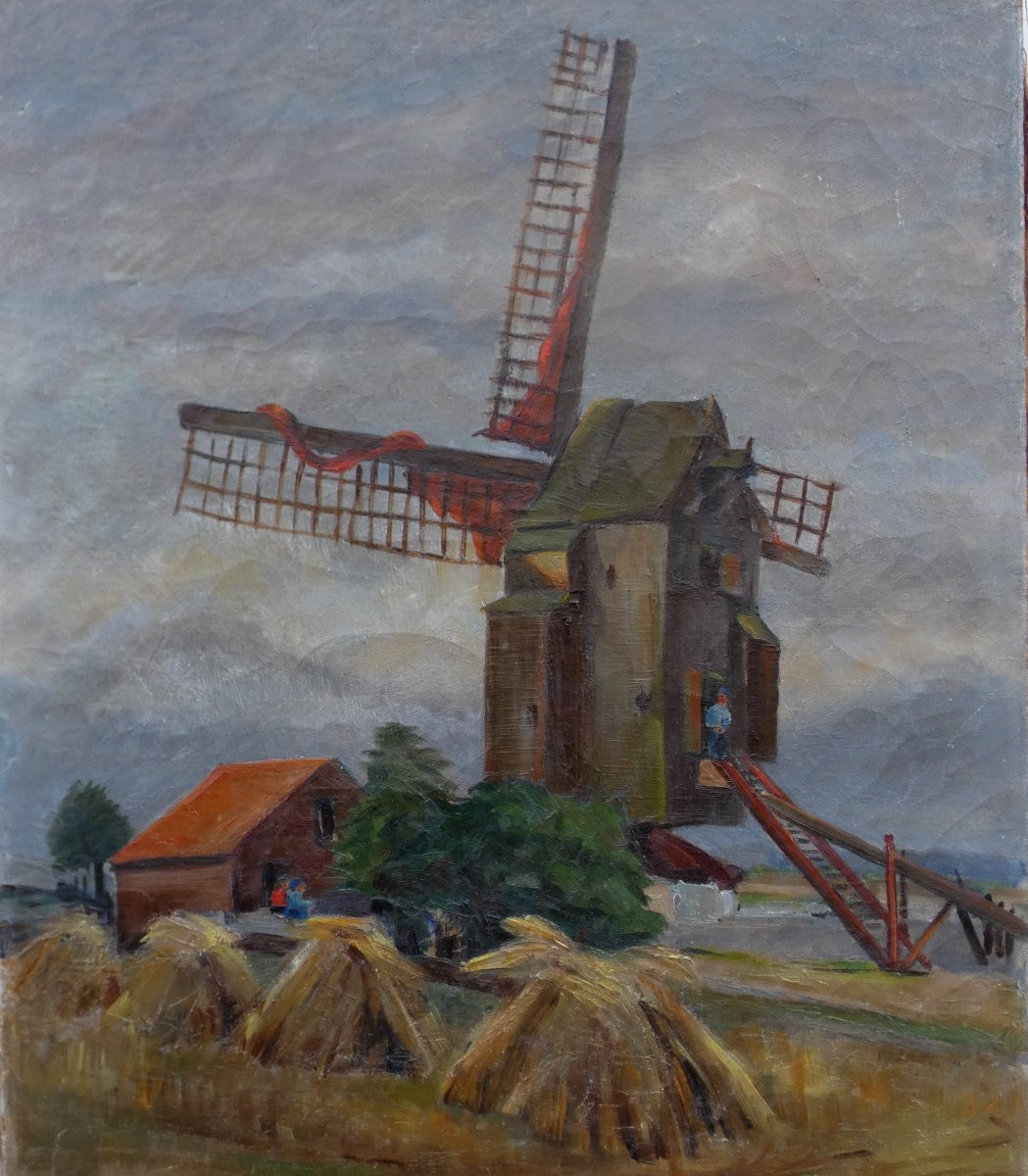 Céline Tabary 1908-1993 - Large Canvas - Lively Landscape In The Pas-de-calais With Windmill-photo-4