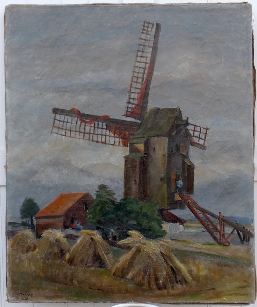 Céline Tabary 1908-1993 - Large Canvas - Lively Landscape In The Pas-de-calais With Windmill-photo-5