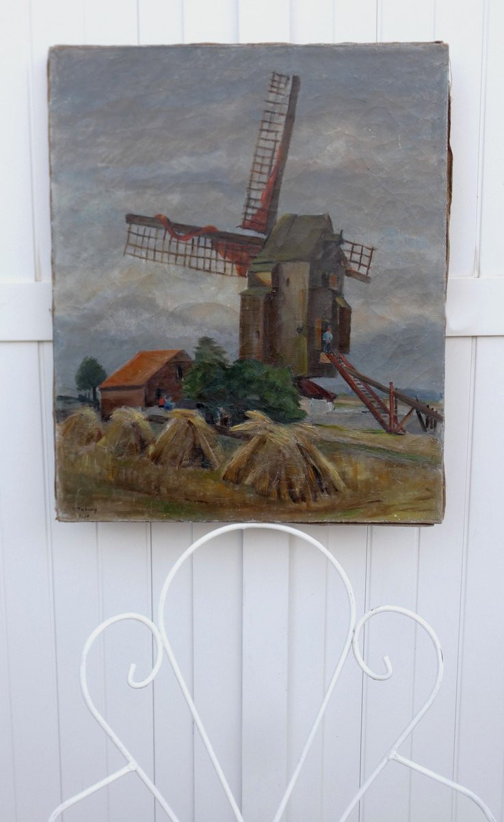 Céline Tabary 1908-1993 - Large Canvas - Lively Landscape In The Pas-de-calais With Windmill-photo-6